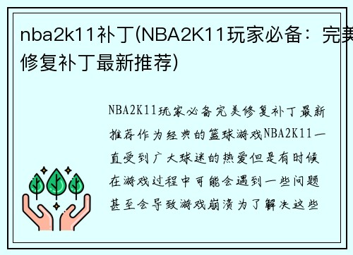 nba2k11补丁(NBA2K11玩家必备：完美修复补丁最新推荐)